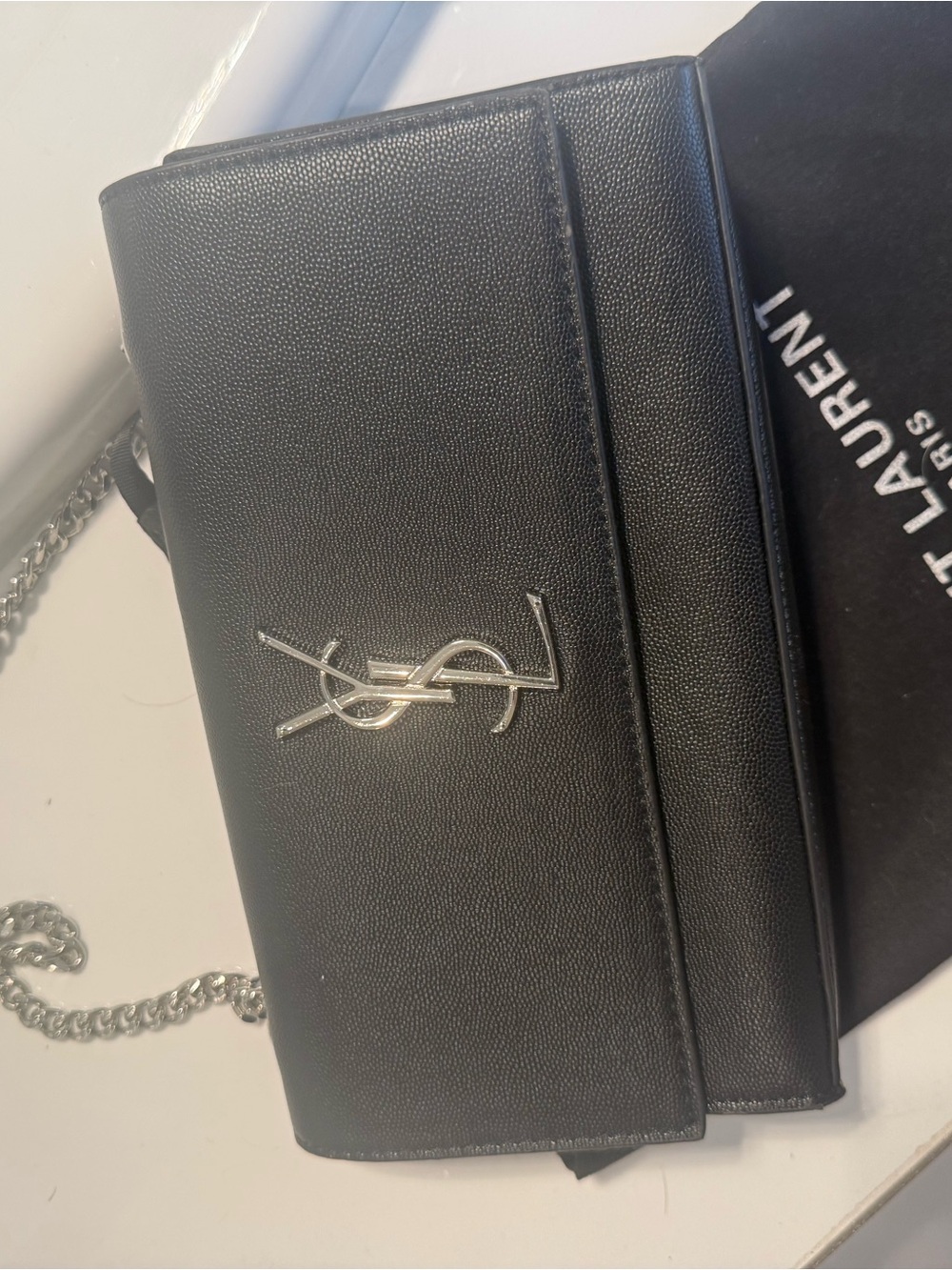 Saint Laurent Black Leather Crossbody Wallet with Silver Logo
